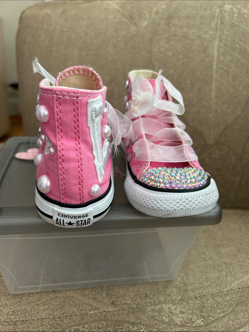 Converse Kids Pink High-Top Sneakers with Rhinestone Toe & Pearl Accents